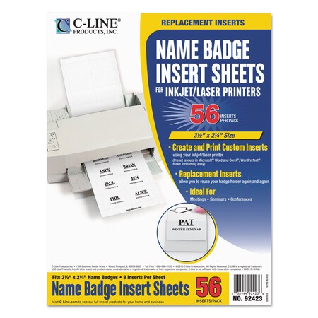 C-Line Products Name Badge Inserts, 3 1/2 x 2 1/4, White, PK56, 56PK 92423